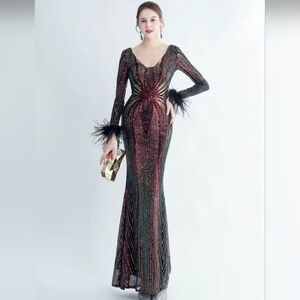 Red and Black Long Sleeve Scoop Neck Wedding Gown